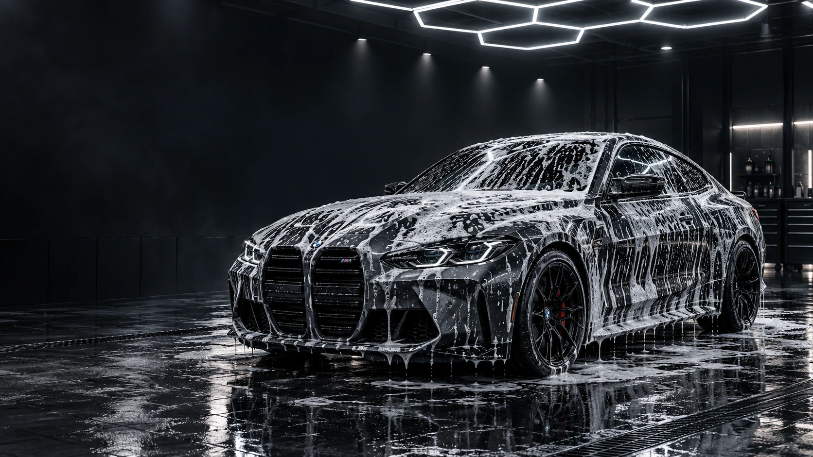BMW M4 в пене до завершения мойки